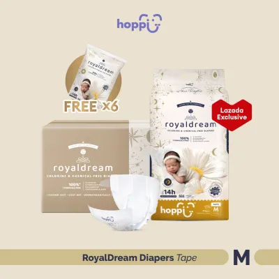 LAZADA EXCLUSIVE Hoppi RoyalDream Baby Diaper Tape NB66/S56/M44/L40 (4 Packs+12s) 100% 7 Chemicals-Free
