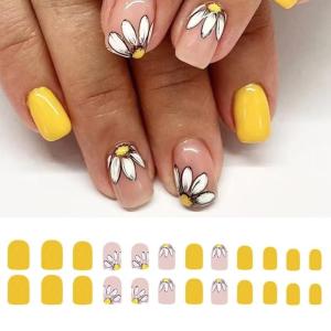 Short Square Press on Nail Floral Designs Artificial Nail Manicure Glossy Full Cover Stick on Nail for Women 24Pcs