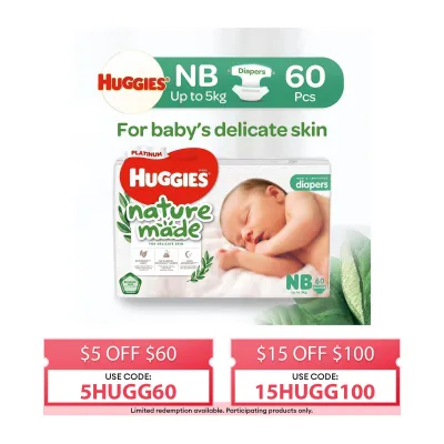 Huggies Platinum Naturemade NB NewBorn 60s Tape Diapers (Packaging may vary)