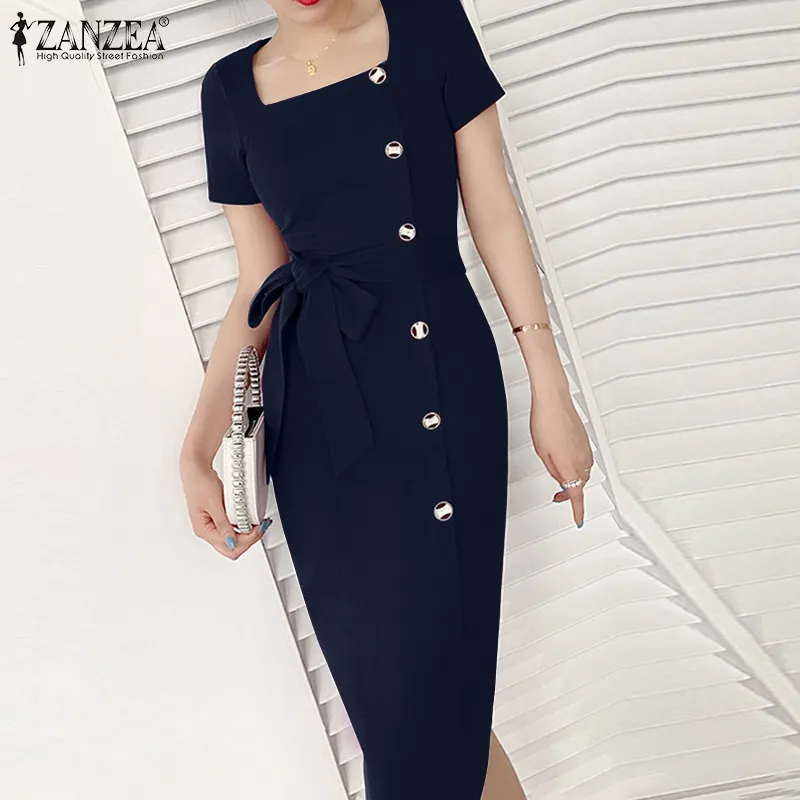 Celmia ZANZEA Korean Style Womens OL Work Solid Dress Formal