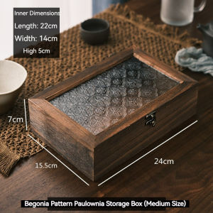 Retro Solid Wood Begonia Flower Glass Desktop Storage Decorative Box Sorting Flipping Wooden Makeup Table Storage Box