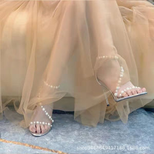 [Free Shipping] New Design Unique Transparent Pearl Strap Sandals for Women with Thin High Heels