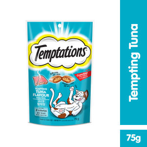 TEMPTATIONS™ Makanan Kucing Kering - Snack Kucing Rasa Ayam Tuna Seafood dan Dairy (10-Pack) 75g.