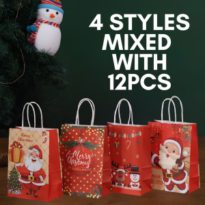 12Pcs Paper Bag Christmas Prints Paper Bag With Handles Christmas Gifts Party Christmas Gift Bag 21x 15 x 8cm