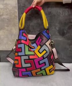 BeeGreen Women High Quality Cowhide Shoulder Bag Colorful Leather Patchwork Handbag  Large Capacity Bag