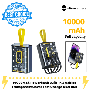 10000mah Powerbank Built-in 3 Cables Transparent Cover Fast Charge Dual USB