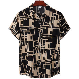 Shirts Mens Plus Size Summer Short Sleeve Shirt Geometric Plaids Pattern Hawaiian Beach Male Shirts Casual Blouse Tops