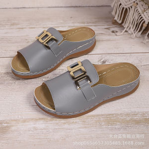 [Free Shipping] WomenS New Style Large-Size Casual Fashionable And Minimalist Wedge-Heeled Sandals With A Metal Buckle And A Fish-Mouth Design