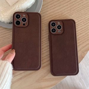 Luxury Retro Brown Leather Phone Case For iPhone 17 Air 16 15 14 12 13 Pro Max 11 X XS XR Solid Color Shockproof Hard Back Cover