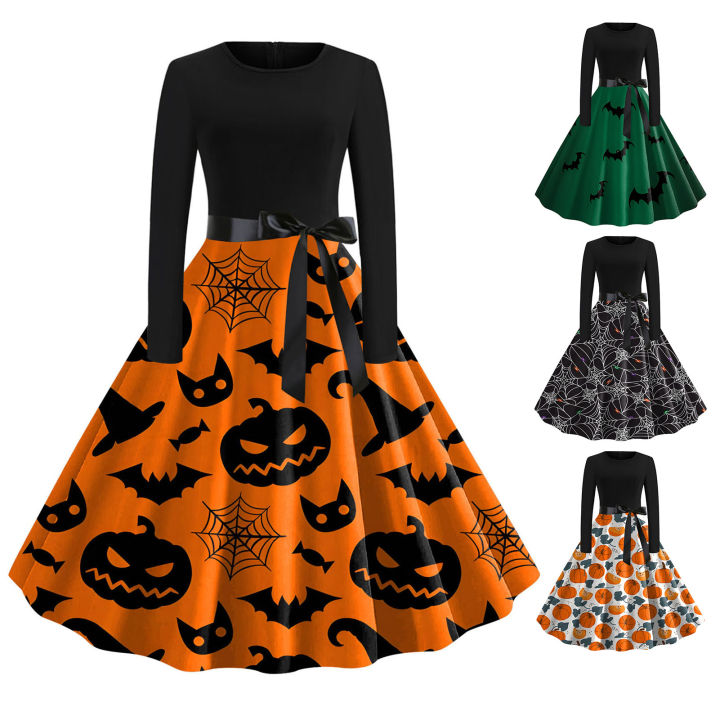 Generic Halloween Dresses For Womens Long Sleeve Cocktail Swing Dress Pumpkin Printed Cosplay Party Costume Slim Fit Dress