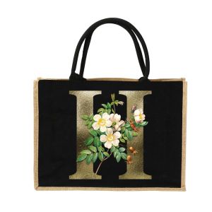 Jute bag Shoulder Bag Women Shopping Pouch Designer Laminated Bags Gold Letters and Flowers