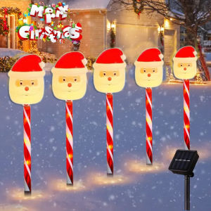 5pcs in 1Set Christmas Candy Santa Claus Pathway Light Column Christmas Tree Bottom Solar Light Decor For Patio Garden Lawn Outdoor Christmas Decoration Waterproof