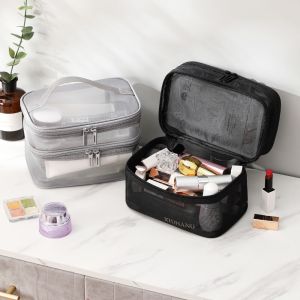 BEAUTYandLADIES สำหรับผู้ชาย ที่จัดเก็บเครื่องสำอาง กระเป๋าแฟชั่นกระเป๋าถือ จุได้มาก สองชั้น ตาข่ายแบบตาข่าย กระเป๋าเครื่องสำอางผู้หญิง ถุงซิปแต่งหน้า กระเป๋าเก็บของเกาหลี กระเป๋าเครื่องอาบน้ำ