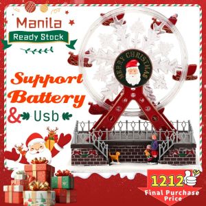 (Ship from Philippines)27CM Christmas Rotating Resin Luminous Music Box Ornaments Rotating Small Train Christmas Village House Christmas Gift