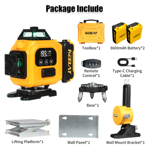 KEELAT 16-Line Laser Level with Auto-Leveling and Green Light 360-Degree Adjustable Automatic Measurement Tool Kit with Remote Control and App Control Laser Level