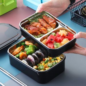 HISTO 304 Stainless Steel Double Layer Thermal Lunch Box Microwaveable Rectangular Fresh-keeping Box Tableware Leak-Proof Food Storage Box School
