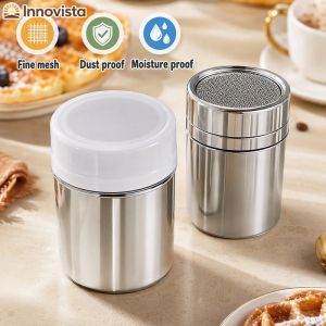 Stainless Steel Powder Shaker Fine Mesh Condiment Container Dispenser For Sugar Chocolate Coffee Flour With Dust Cover Easy Clean Kitchen Supply