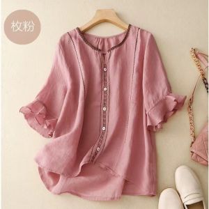 LUCKIN STORE Summer Womens Shirt 2025 New Cotton and Linen Embroidered Round Neck Top Ethnic Flare Sleeves Loose Linen Pullover Embroidered Thin Short Top Middle Sleeve