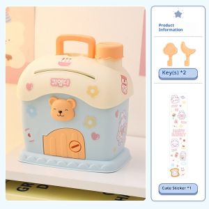 Hộp tiết kiệm hình nhà gấu hoạt hình dễ thương kèm chìa khóa và sticker cho trẻ em - Hộp đựng tiền sáng tạo cho bé trai và bé gái