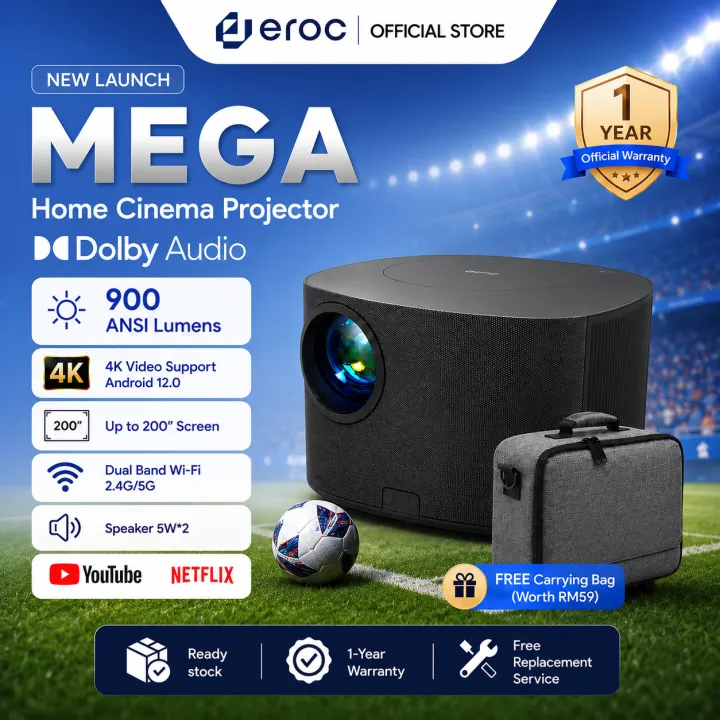 EROC Mega Projector Dolby Audio AI Auto Focus Android Home Theater 5G WiFi Bluetooth