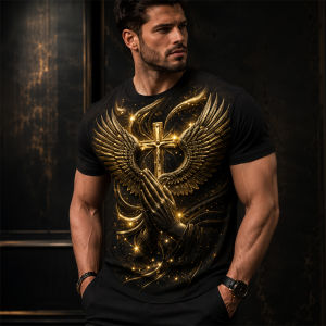 [Local Stock] Christmas Halloween 3D Graphic Print Angel Wings Cross T Shirt For Mens Short Sleeve Casual Summer Streetwear Fashion Top Spiritual Design Clothing
