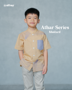 ATHAR Series by ALTHAFF Baju Koko Couple Ayah dan Anak Laki-Laki Bahan Katun Lengan Pendek Warna Kuning Mustard dan Merah Bata Brick Red | Kemeja Muslim Pria Dewasa Terbaru 2023