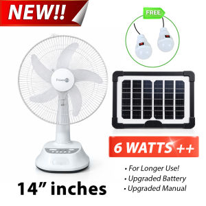 POWERPH 14inch Upgraded Rechargeable Electric Solar Fan With 6Watts 8Watts Solar Panel 2 LED Light Outlet Solar Charging 5-10 Hours Using time
