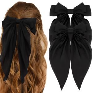 【Hot Sale+24Hours Deliver】Silky Satin Oversized Hair Bows and Ribbons - 1Pcs Long Tail White or Black Bowknot Barrettes With Metal Clips Aesthetic Hair Accessories