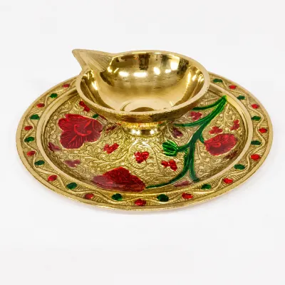 Handcrafted Brass Diya with Decorative Metal Plate | Traditional Pooja Room Oil Lamp | Festival Decor & Gift | Diya 2 Inch Plate 4 Inch(Pack of 1 Pc)