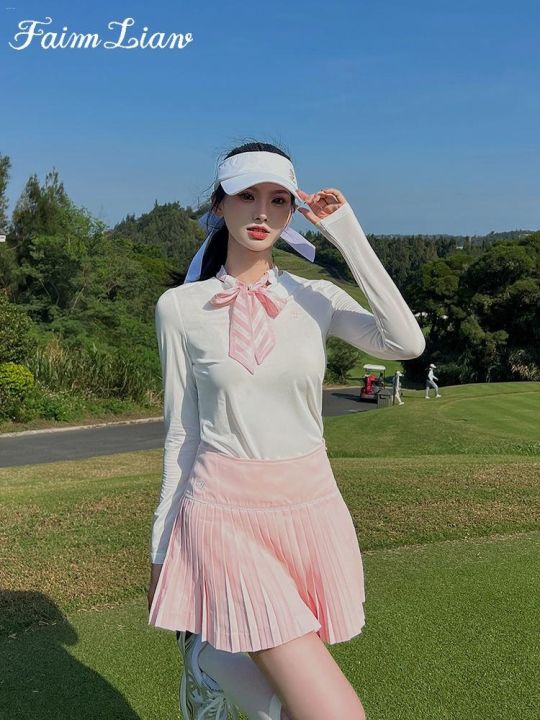 Korean Fairmliarv Golf Clothing Women's Silk Scarf Top Golf Pink ...