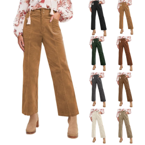 Womens Casual Winter Straight Leg Elastic Waist Corduroy Pants with Pockets