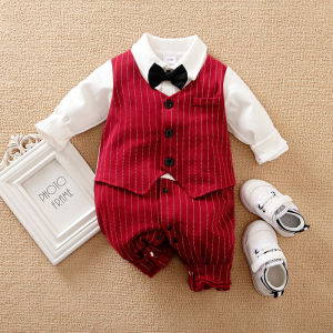Autumn Romper For Baby Boys Cotton Red Stripe Bow Tie Decorate Gentleman Bodysuit Jumpsuit Baby Clothes