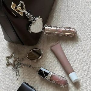Elegant Noble Style Silver Mesh Mini Lipstick Storage Bag Keychain Lightweight Portable Cosmetic Pouch Charm Fashion Bag Pendant Gift For Women Girls