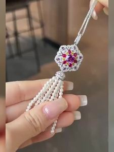 WUIHA 925 Sterling Silver 7 * 7 MM Lab Sapphire Ametrine Pearls High Carbon Diamond Gemstone Wedding Engagement Pendant Necklace