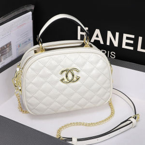 Leather quilted handbag with double zipper niche versatile crossbody chain bag small round bag urban minimalist shoulder bag