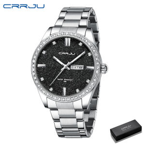CRRJU Men Watch Moissanite Diamond Luxury Brand Golden Dial Watches with Stainless Steel Band with Luminous 5008