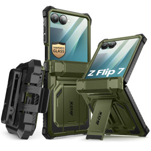 i-Blason Armorbox for Samsung Galaxy Z Flip 7 Case with Stand Tempered Glass Screen Protector Hinge Protection Belt Clip Full Body Mili-tary Protection Phone Case for Samsung Z Flip 7