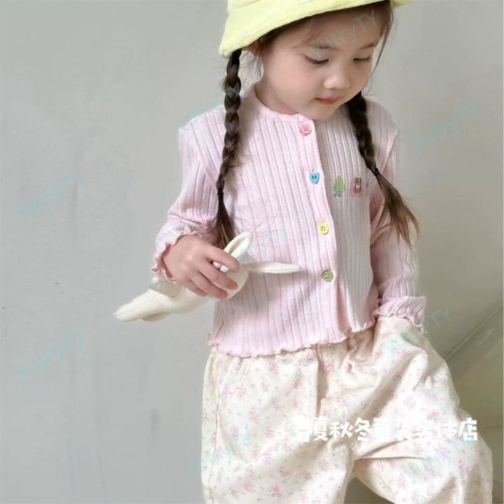 Lovely Baby Girl Knitted Cardigan Sweater Tops Pullover Children Clothes  With Cartoon Print Shirt Round Neck Stripe Long Sleeved Coat Suit For 2-8 