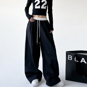 American Baggy Pants For Women Retro Patchwork Jogging Pants Black Wide Leg Curved Knife Sports Pants