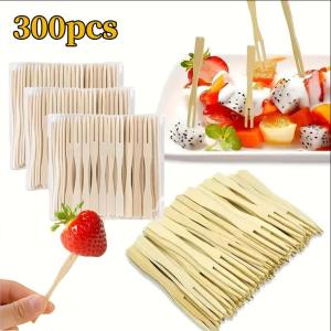 300pcs Disposable Fork Bamboo Fruit Fork Cake Dessert Appetizer Salad Kitchen Party Birthday Wedding Restaurant Camping