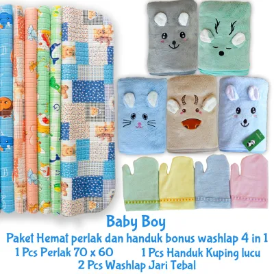 Paket lengkap 4in1 kado baby handuk perlak waterproof dan washlap set komplit perlengkapan mandi bayi