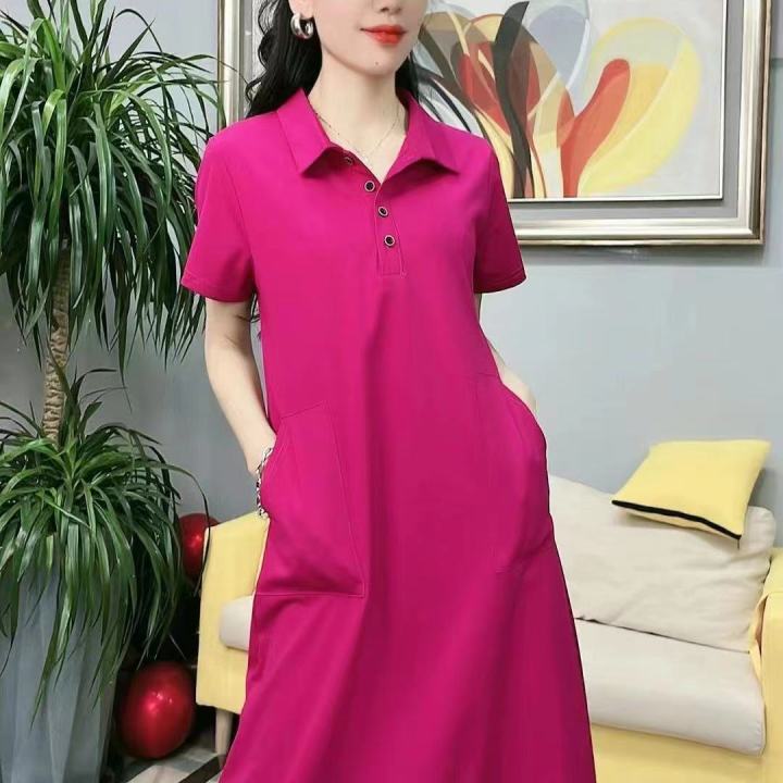 100%25Cotton%20Lapel%20Stretch%20Dresses%20Women%20Korean%20Style%20Short%20Sleeve%20Oversized%20100KG%20Fat%20Girl%20Can%20Wear%20Loose%20Casual%20Plain%20Cotton%20Polo%20Collar%20Long%20T-shirt%20Dresses%20-%20Image%204