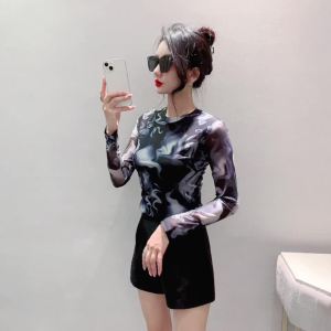 Ammin 2024 mùa xuân mùa hè Vòng cổ đơn giản thời trang r không thường xuyên vẽ tay in màu mực Tay áo dài cotton áo thun nữ phong cách Hàn Quốc giản dị Kích thước thêm phần thoải mái tay áo phồng áo thanh lịch