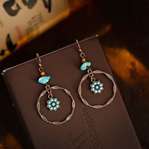 Vintage Bronze Blue Stone Big Round Circle Drop Dangle Earrings For Women Girls kolczyki Boho Style Ethnic Womens Jewelry Gifts