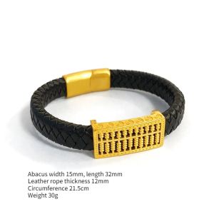 沙金算盘皮绳手链男霸气民族风南非锡金如意金钱算盘手链手环Abacus Leather Bracelet 18k Gold Plated Feng Shui Abacus Bracelet Represents Wealth Luck Career Trade Leather Bracelets For Men And Women.