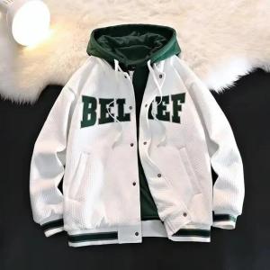 Jaket Anak Varsity Topi Jaket Baseball Kancing Cewek Cowok BELIEF Jaket Hoodie Anak Bahan Fleece Hoodie Bahan Lembut Tebal Hoodie Anak Hitam Putih S M L XL XXL