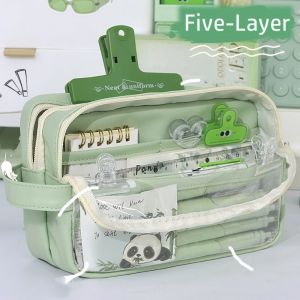 LE6Y Five-Layer Pen Bag PU Leather Portable Pen Storage Bag Multifunctional Large Capacity Stationery Organizer Student