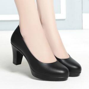 【In stock】Black shoes womens classic work style black leather shoes 6.5cm heels