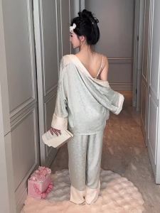 HT912 Bộ ngủ 3 món áo yến phối màu sang chảnh set đồ Pijama lụa gấm tôn dáng HT912