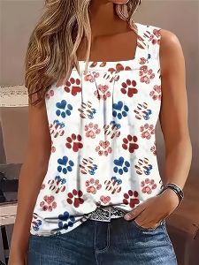 WomenS Pleated Square Collar Sleeveless Vest Print Shirt Plus Size Woman Clothes Summer Tank Fashion Women Summer Tops Femme